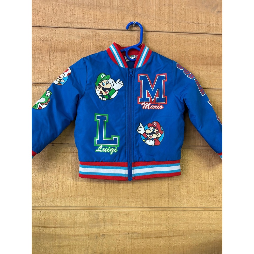 Super Mario Bros Nintendo Boys Blue Varsity Bomber Jacket Size 4 Luigi Yoshi